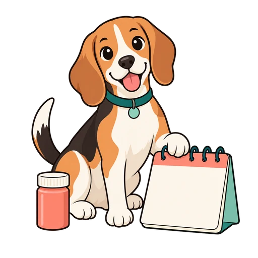 Illustration of pet medication bottles and a vaccination schedule